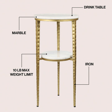 Seraphina 24.75" Industrial 2-Tier Metal Frame Drink Table and Decorative End Table with White Marble Round Top